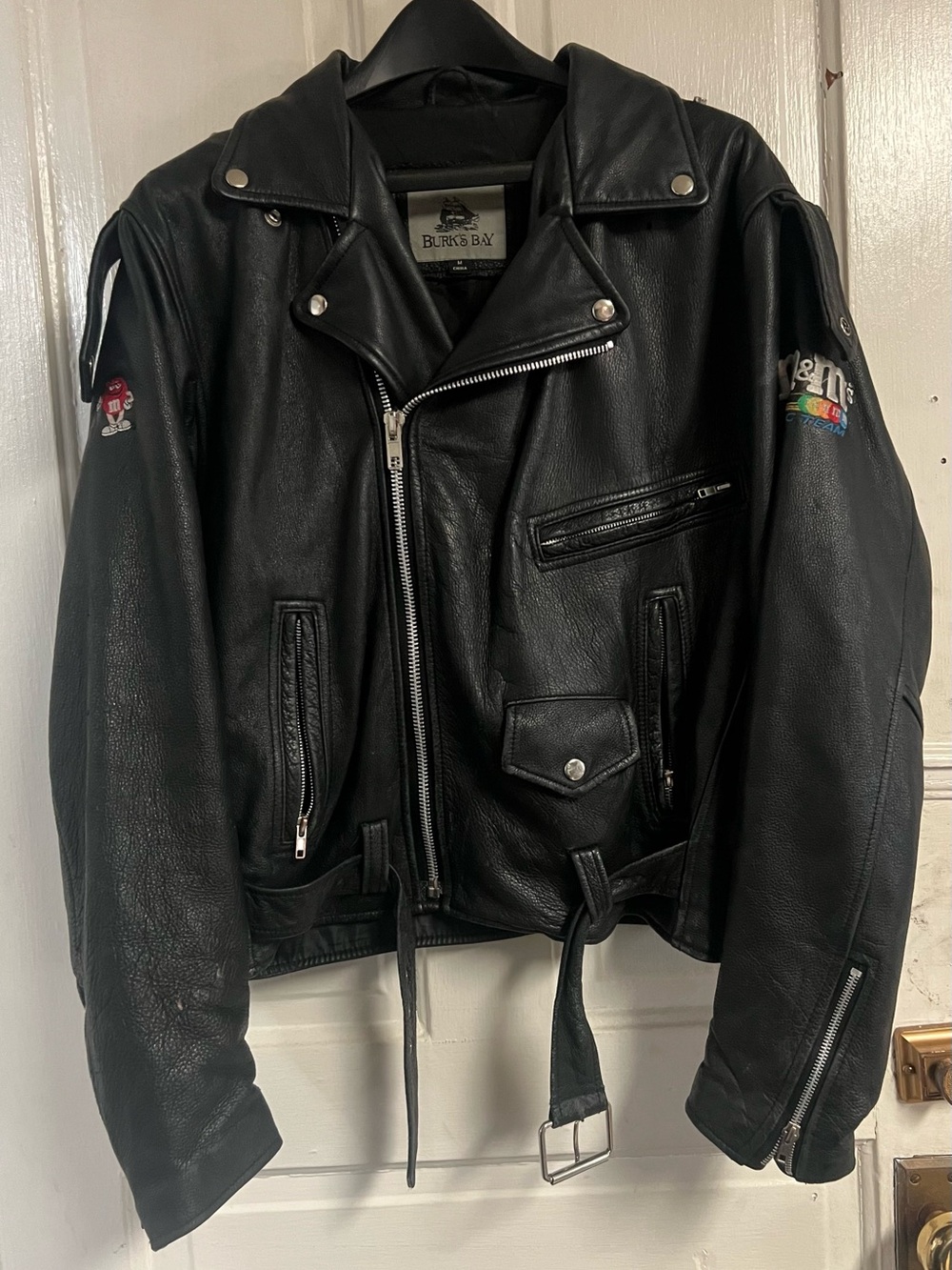 Vintage Burk's Bay M&M's Embroidered Black Leather Moto Jacket - Medium